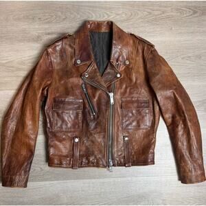 Golden Goose Brown Distressed Leather Biker Jacket, Size S (estimated)